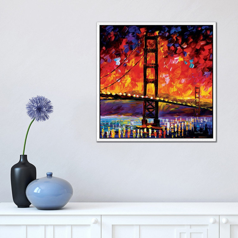 Golden Gate Bridge by Leonid Afremov - Painting on Canvas, 45.72 cm H x 45.72 cm W, White Framed Canvas