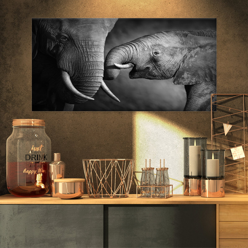 Éléphants montrant l'affection - impression d'art graphique, H 16 po x l 32 po, Toile tendue