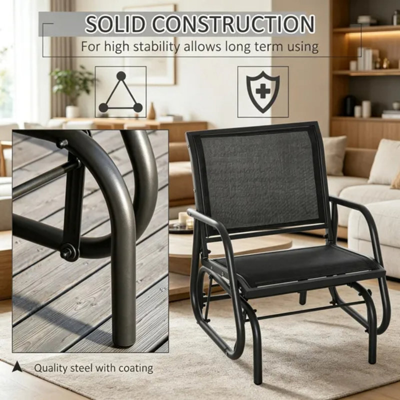 Balancelle noire en acier avec accoudoirs incurvés pour balcon de jardin