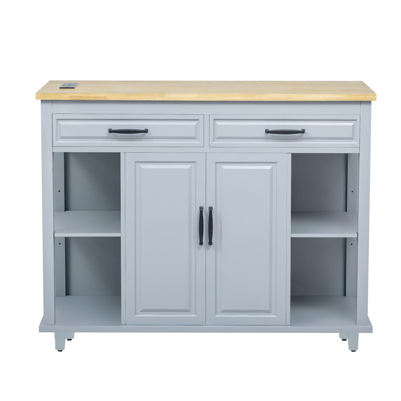 47 inch Kitchen Island with Extendable Dining Table, Rubber Wood Veneer Kitchen Table with Internal Storage Rack, Power Outlet, Kitchen island with Storage 2 Drawers 2 Cabinet