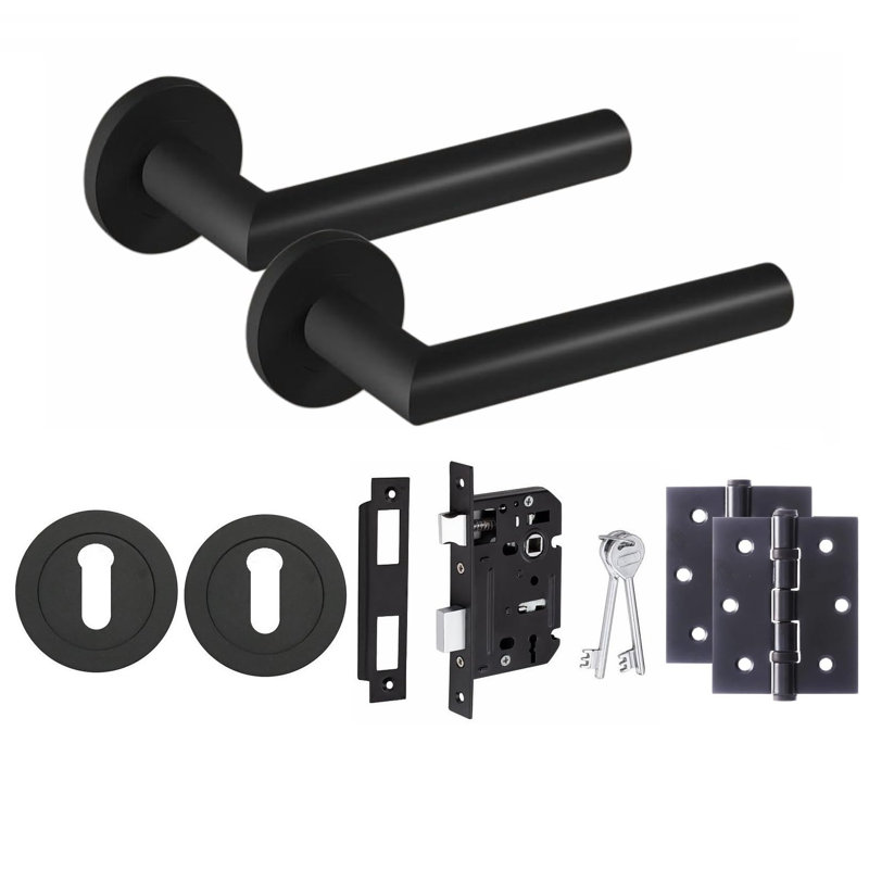  Mitred Design Door Handles Set on Round Rose in Matt Black Finish with 64mm 3 Lever Mortise Lock, 3" Ball Bearing Hinges and Key Hole
