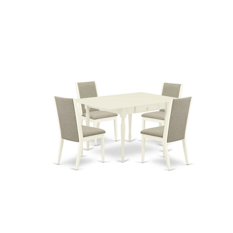 L'ensemble de table de salle à manger 5 pièces pour 4 personnes comprend une table de cuisine rectangulaire avec Dropleaf et 4 chaises de salle à manger Parson en lin Shitake, blanc lin