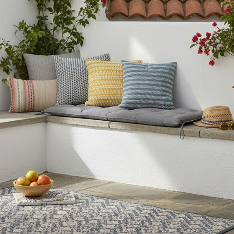 Claire Outdoor Cushion For Bench, Button Tufted Fabric, Gray, 59.1" W x 19.7" D, Oxford Fabric