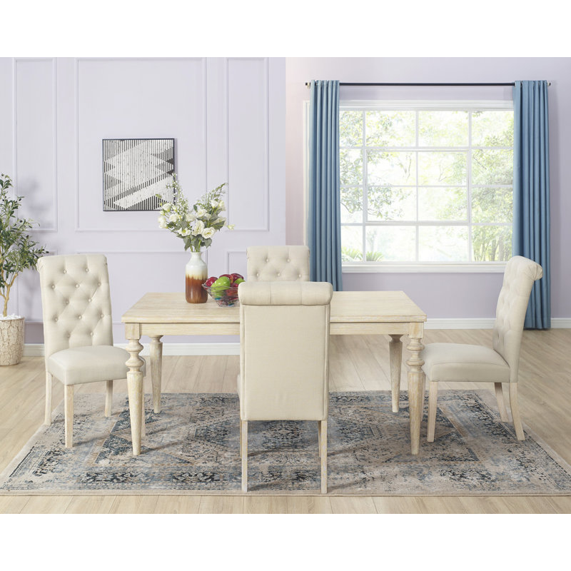 Ensemble de salle à manger 5 pièces à pieds tournés avec 4 chaises capitonnées, 5, Beige