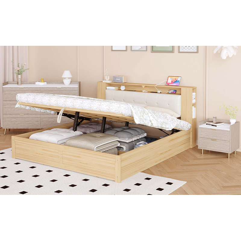 Ensemble de chambre à coucher 3 pièces avec lit plateforme tapissier grand capitonné avec veilleuses activées par le mouvement et chargeur USB, table de chevet et commode de rangement moderne, naturel