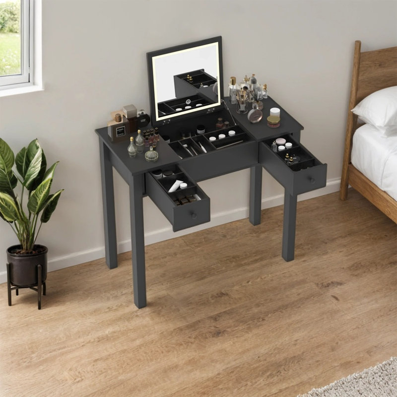 Coiffeuse maquillage avec lumières DEL et miroir rabattable, Noir