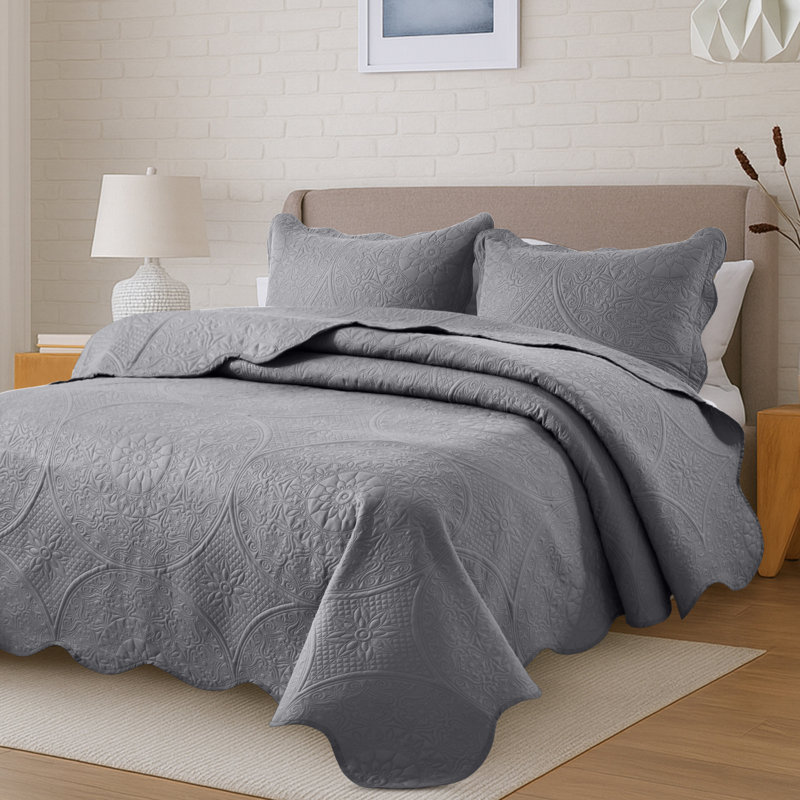 Floral Embossed Quilted Bedspread Set, Oversized and Lightweight Bedding Set with Pillow Shams, Gray