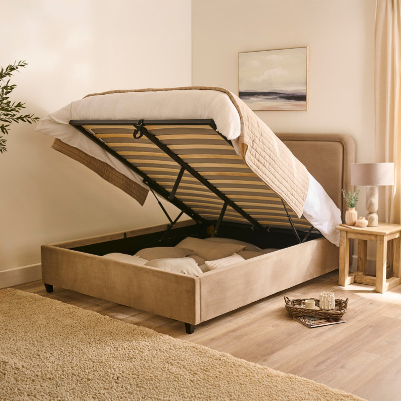 Upholstered Ottoman Lift Up Storage Bed, Double, Driftwood