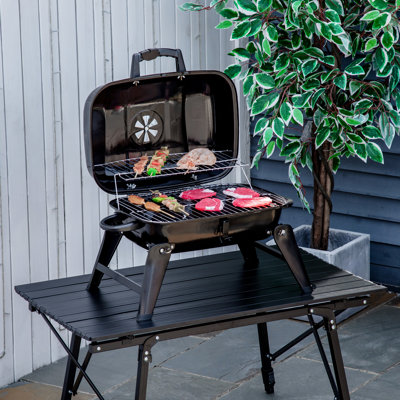 Barbecue au charbon de 14 po - portatif pour les barbecues d'extérieur, le camping, la saison d'avant-match, émaillé, ventilé, pattes pliantes, 223 pieds carrés, activités noires 14 po, revêtement émaillé, évent, table de barbecue