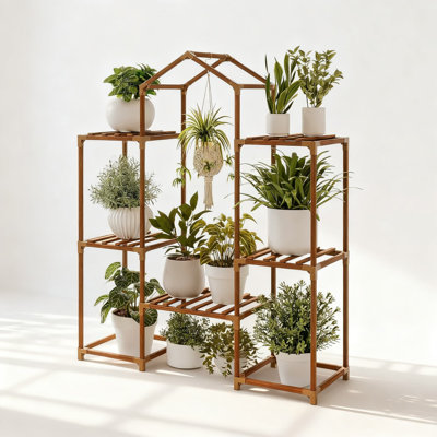 Hanging Plant Stand Shelf Indoor Outdoor Large Plant Rack For Multiple Plants Boho Home Decor Roof Shaped Design Natural Wood