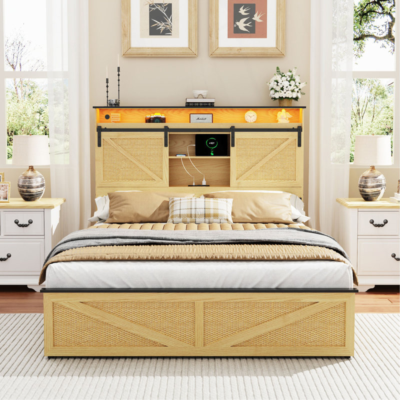 Structure de lit de ferme avec tête de lit et tiroirs de rangement, station de charge et lumières DEL, Naturel, Grand lit