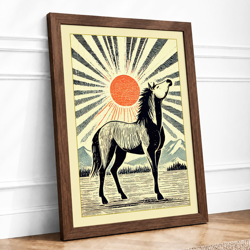 Llama At Sunrise Japandi - Single Picture Frame Print, A2 - 59.4 x 42.0 cm, Walnut