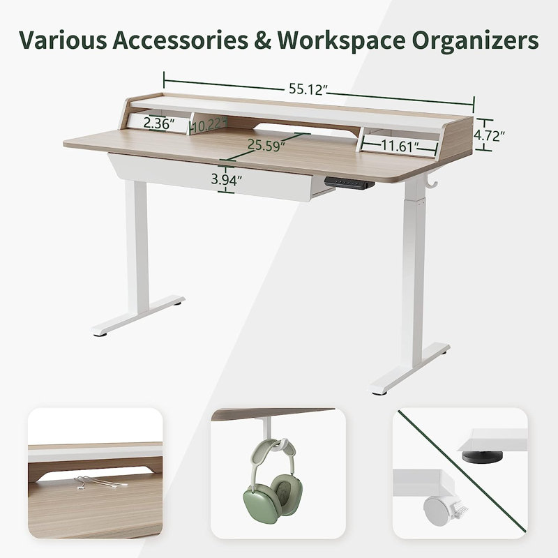 Bureau debout à hauteur ajustable Brely, Noyer clair / blanc, L 55,12 po x P 25,59 po