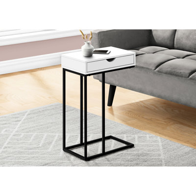 Table d'appoint contemporaine avec possibilité de tiroir, style, apparence en stratifié blanc et support en métal noir pour la chambre à coucher et le salon, rangement de table, fabrication de table