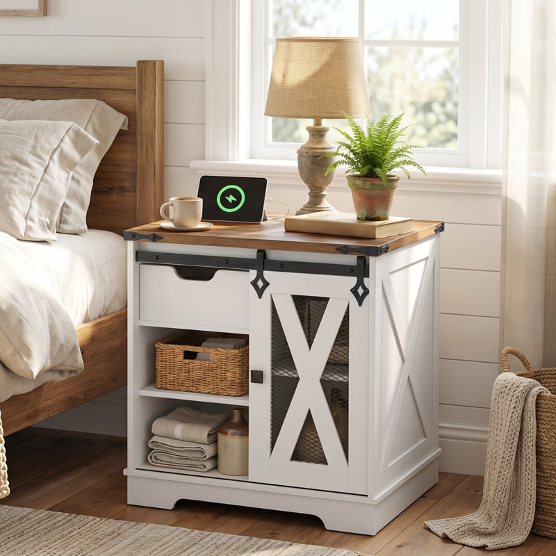 Table de bout carrée 23,2 po avec station de charge et porte de grange coulissante 
