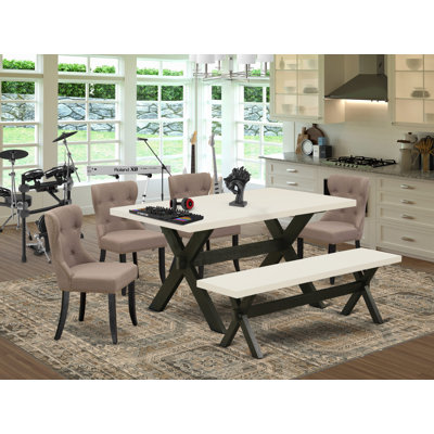L'ensemble de table de salle à manger 6 pièces contient une table de salle à manger rectangulaire avec pieds en X et 4 chaises Parson en tissu de lin avec banc, noir brossé
