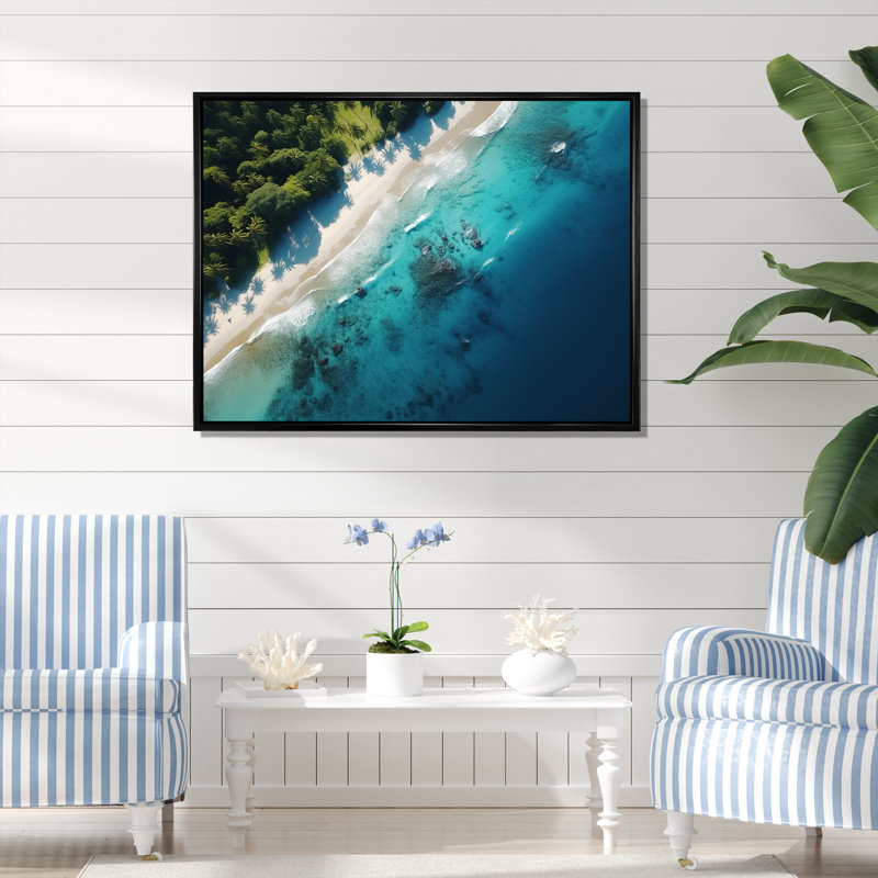 Vue aérienne de plage relaxante VI - Art mural plage, Cadre flottant noir, H 12 po x l 20 po x P 1 po