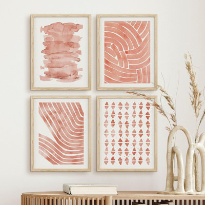 " Red Pastel Paint Stroke Patterns Abstract Geometric Shapes Framed Bathroom Decor Office " 4 - Pieces
