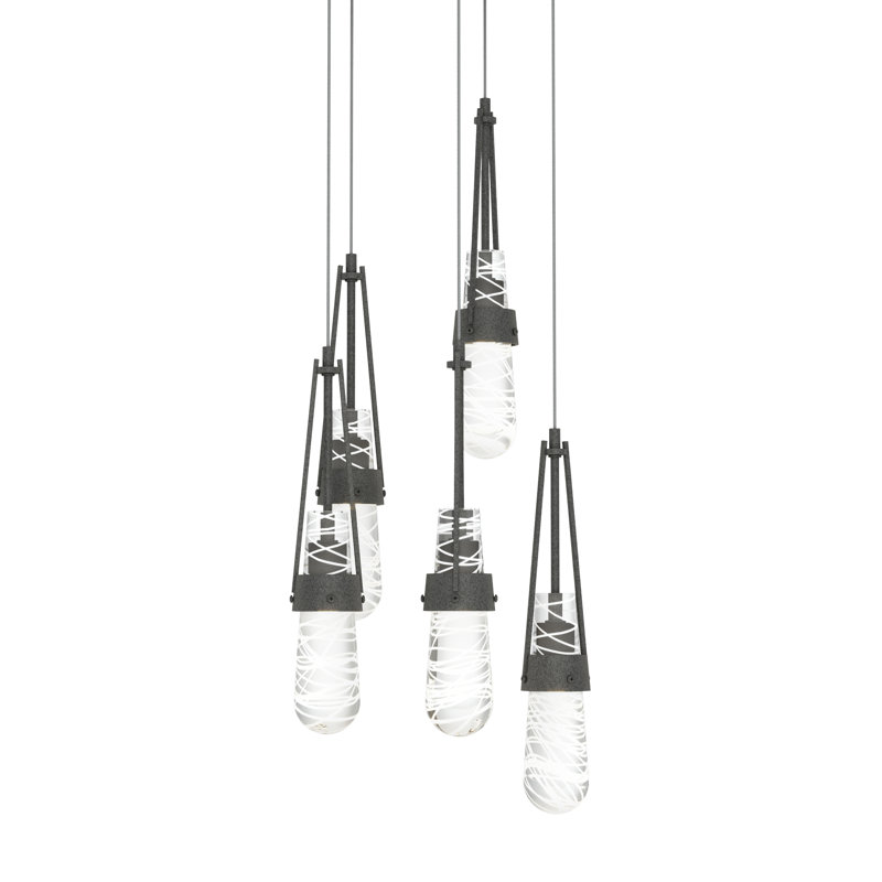 Link 5 - Light Pendant, Long: 19" to 130", Clear Glass with White Threading, Natural Iron