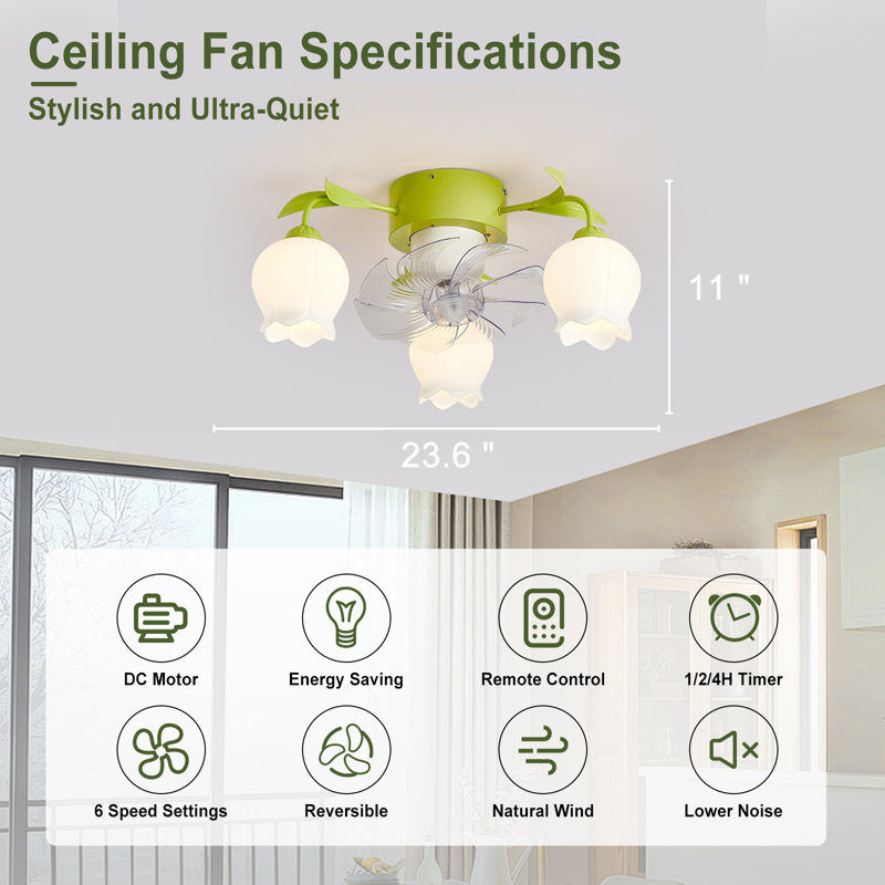 Ventilateur de plafond 11,8 po avec ensemble d'éclairage Karaline, Vert