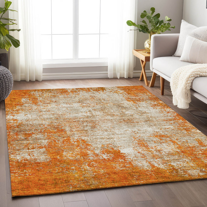 Tapis orange Prisco lavable à la machine de qualité supérieure, Rectangulaire 3 pi x 5 pi