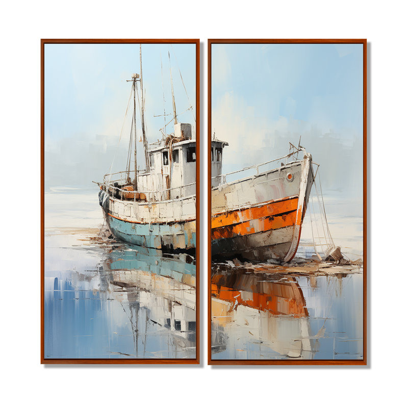 Bateau de pêche au port III - décor mural bord de mer, 32" H x 32" W, Impression encadrée flottante, Brown