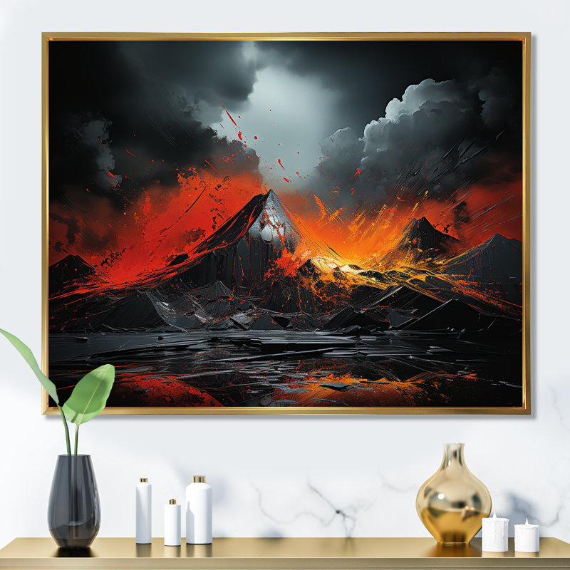 " Volcano Volcanic Explosion Moonlight II ", Gold Floater Framed, 34" H x 44" W x 1.5" D