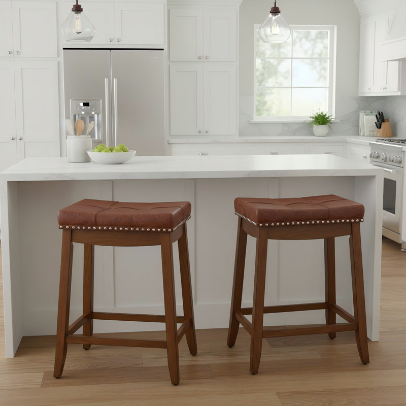 25" Counter Height Bar Stools Set of 2, Backless Saddle Bar Stools with Faux Leather Seat, 25"