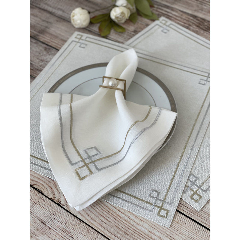 Link Embroidered Linen Napkin, White/Gold/Silver