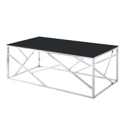 Rectangular Coffee Accent Table With Stainless Steel Frame And Black Tempered Glass For Bedroom - Living Room, Steel, Top