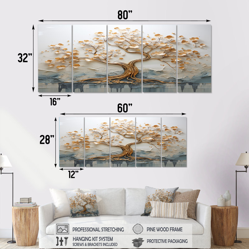 Arbre doré dans un lac au début du printemps I - ensemble d'art mural 5 pièces, H 28 po x l 60 po