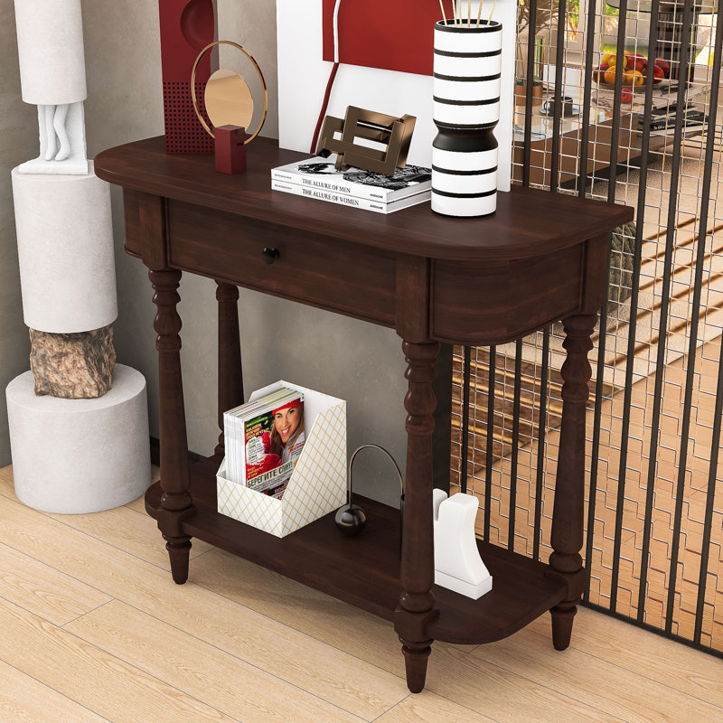 Farmhouse Narrow Wood Console Table with Drawer, Open Shelf and Curved Corner Design, Espresso