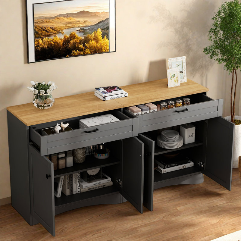 Farmhouse Sideboard With Adjustable Shelves And Rustic Handles, Gray