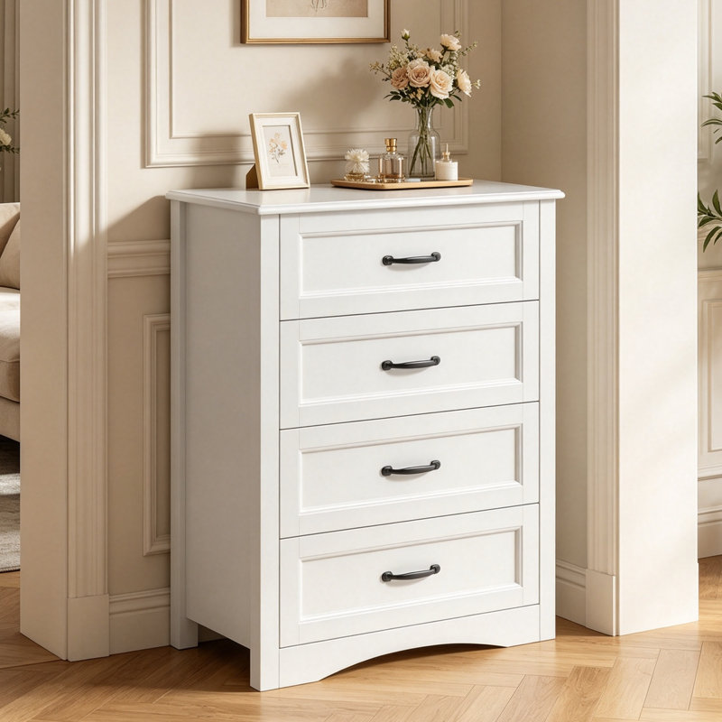 Commode 4 tiroirs en bois Ergica, H 36 po x l 27 po x P 15,7 po, Blanc
