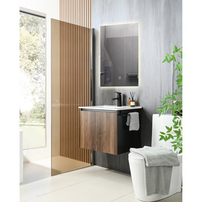 Meuble-lavabo de salle de bain mural 24 po flottant, barre à serviettes noire, armoire, esthétique contemporaine, support de 24 pouces avec support, charnières à fermeture en douceur, céramique