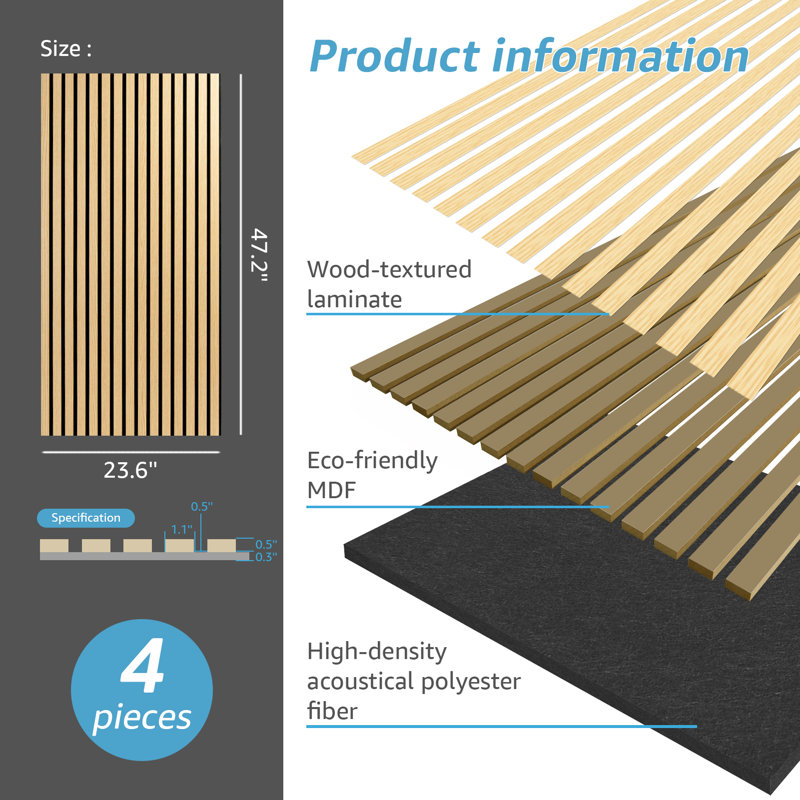 4Pièces de 23,6 po x 47,24 po à lambris d'aspect bois, panneaux muraux insonorisés 3D (31 pieds carrés / caisse), Chêne