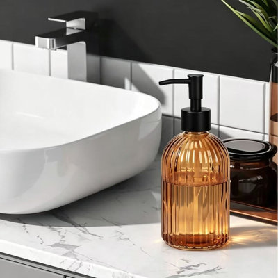 13.5 oz Vertical Striped Glass Hand Soap Bottle ( Amber )