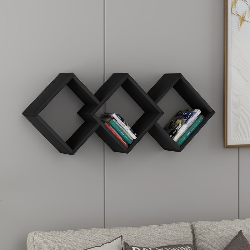 Tablette murale moderne noire - 40,2 po x 16,5 po x 7,9 po | 100% panneau de particules enduit de mélamine, épaisseur: 0,7 pouce | Nombreuses tablettes, conception murale, forme géométrique élégante pour la maison et le bureau
