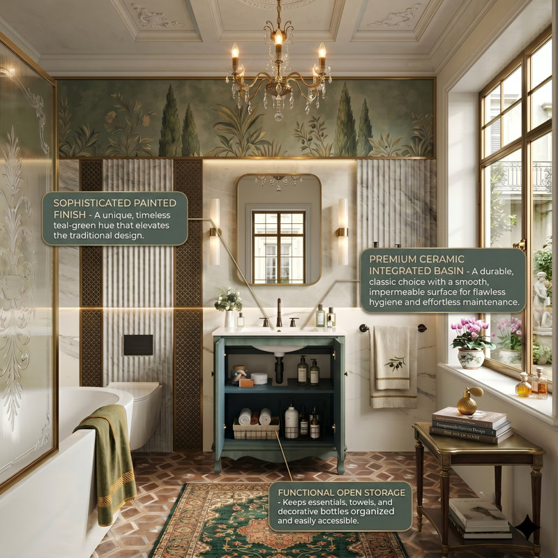 Meuble-lavabo vintage 30 po avec lavabo en céramique, armoire de rangement en bois d'hévéa massif avec tablette réglable (bleu sarcelle antique)