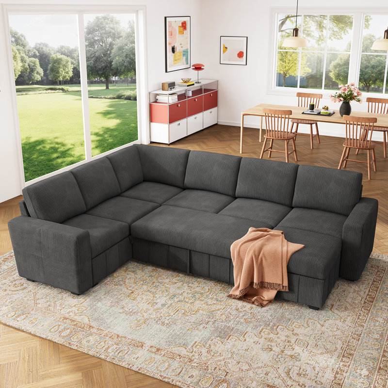Abramson U-Shaped Corduroy Modular Sofa Bed with Storage, Gray Corduroy