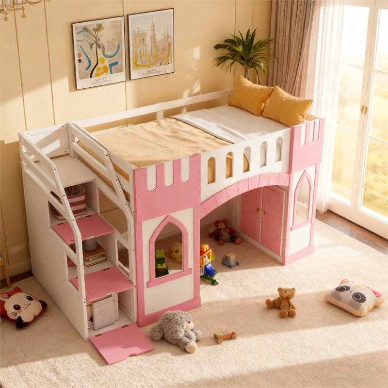 Twin Size Loft Bed With Storage Staircase And Window, Pink