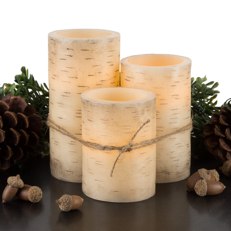 August Grove Flameless Candles - 3-Pack Faux Birch Bark Battery Operated LED Candles with Remote and Flickering Light - Candles for Home Décor
