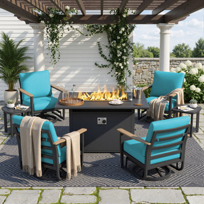 Ensemble de chaise berçante pivotante en aluminium 7 pièces avec foyer au propane et tables d'appoint