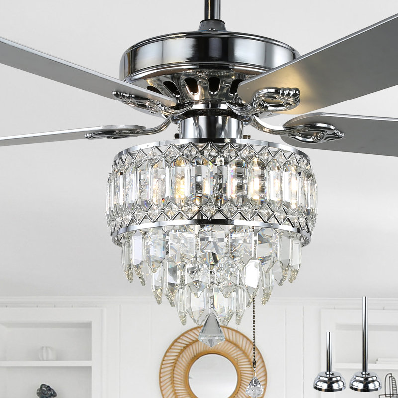 52'' 5-Blade Crystal Ceiling Fan with Light and Remote Control, 6 Speeds, Reversible DC Motor, Timer, Chrome