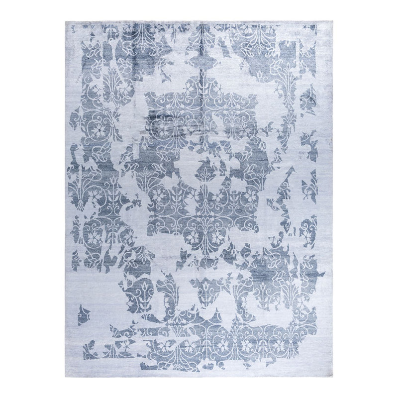 Ivory and Blue Hand-Knotted Silk Area Rug, 9' 3" x 12' 2"
