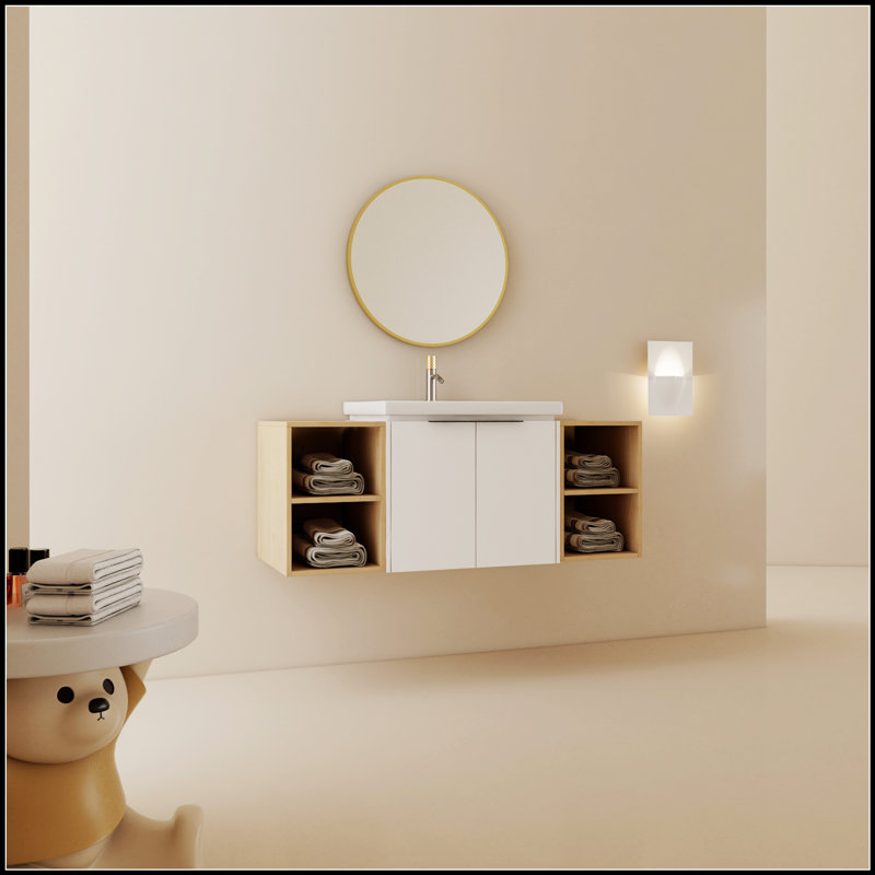 Meuble-lavabo à fermeture en douceur de 48 pouces avec lavabo et deux petites tablettes de rangement, parfait pour les intérieurs modernes et minimalistes.