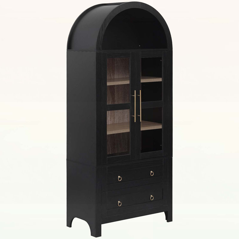 71 Inch Tall Arched Storage Cabinet with 2 Large Drawers,and Glass Doors for Modern Farmhouse Storage, Black