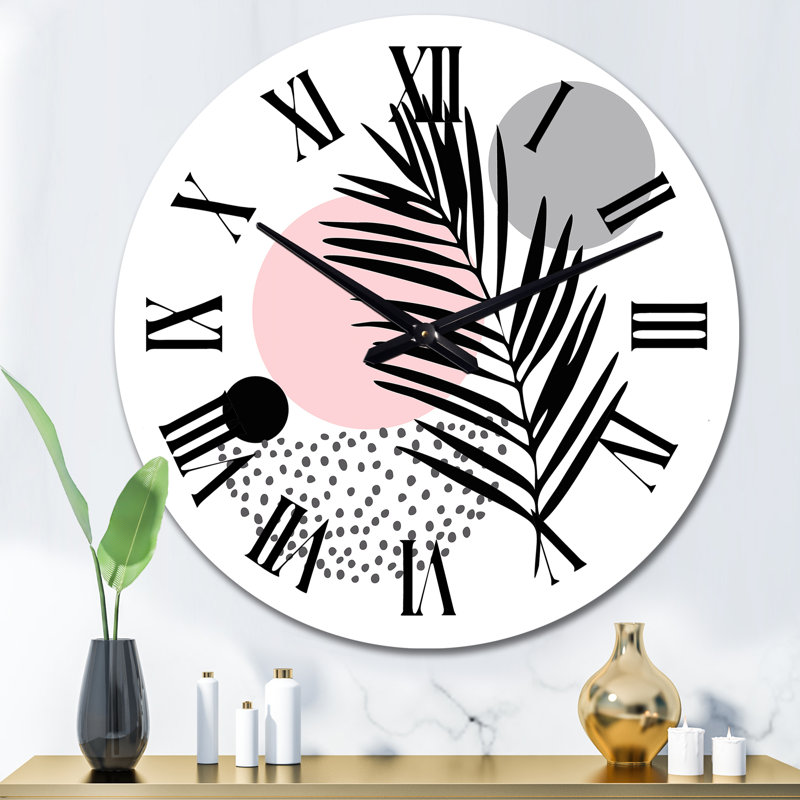 Lune rose abstraite avec feuille de palmier - horloge murale tropicale, Surdimensionné