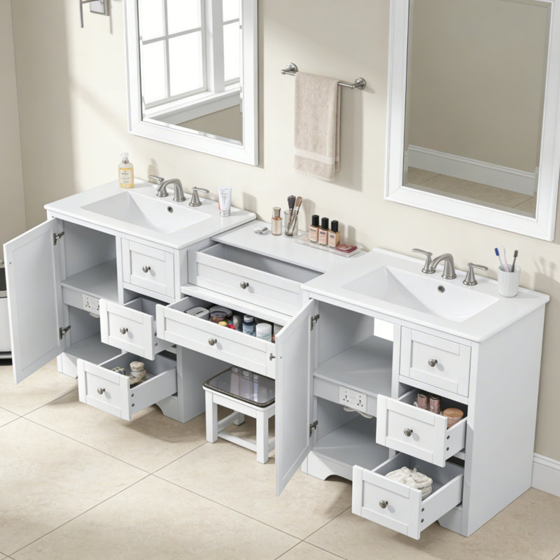 Meuble-lavabo moderne blanc avec lavabo double pour salles de bain spacieuses