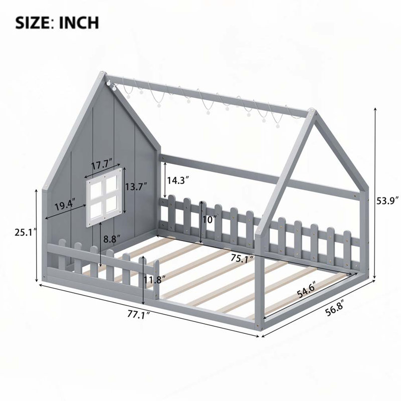 Lit en bois avec fenêtre et clôture, Gris